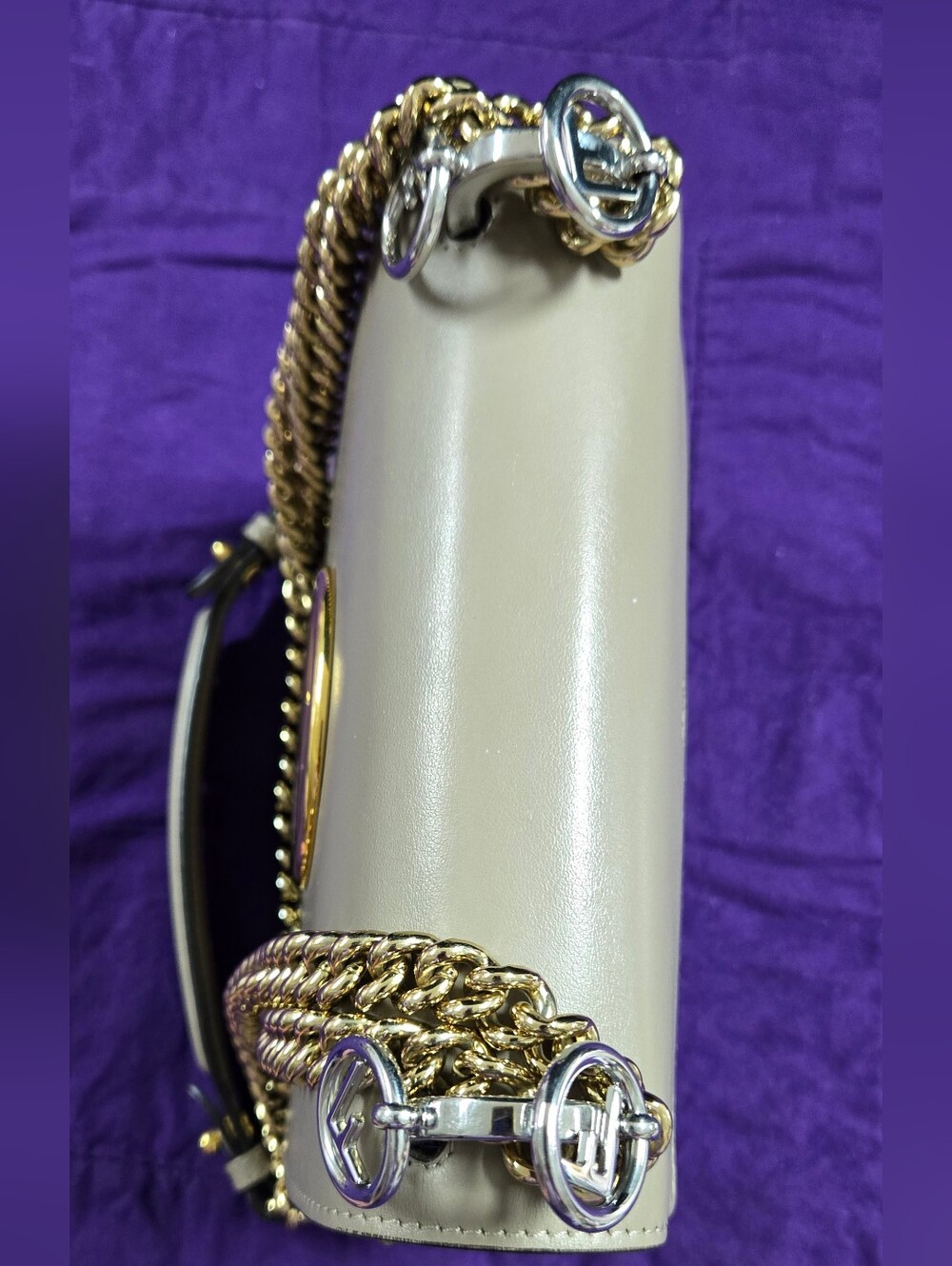 EUC Fendi FF Kan Taupe Shoulder Bag With Gold-Silver Hardware - Picture 11 of 16